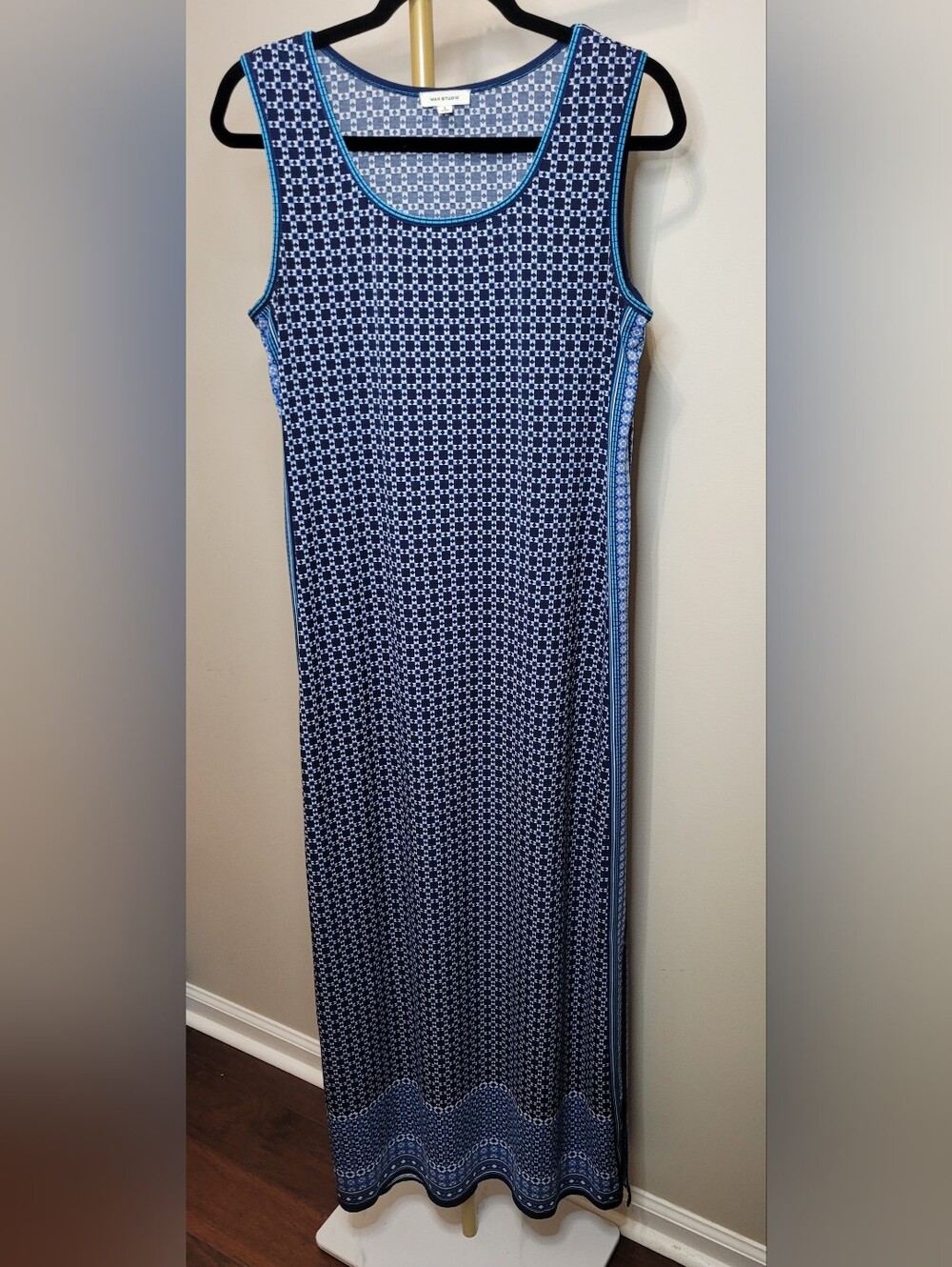 Max Studio Navy Blue & White Sleeveless Dress with Blue Trim size Large